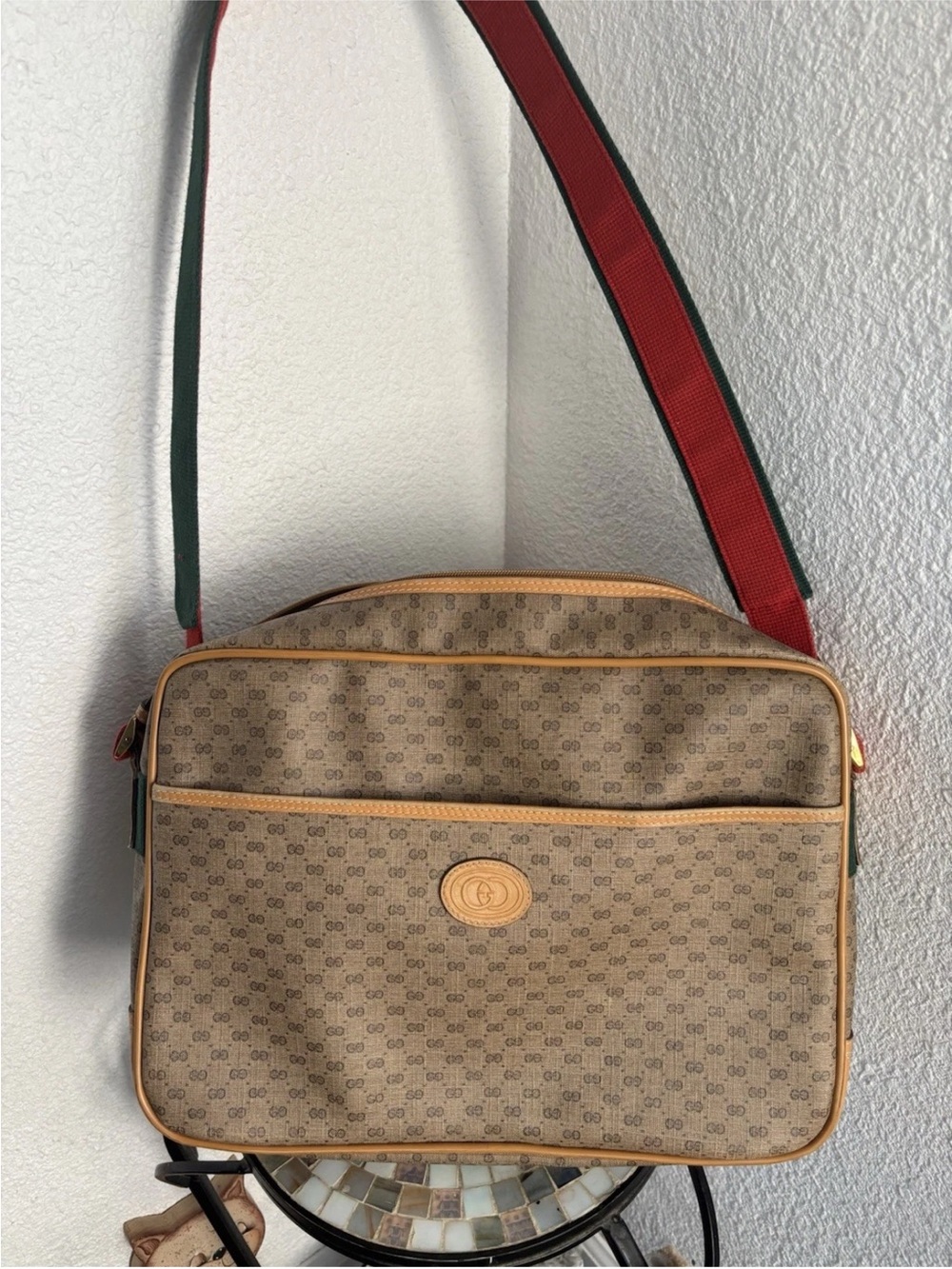 Gucci Brown Monogram Messenger Bag with Red & Green Strap